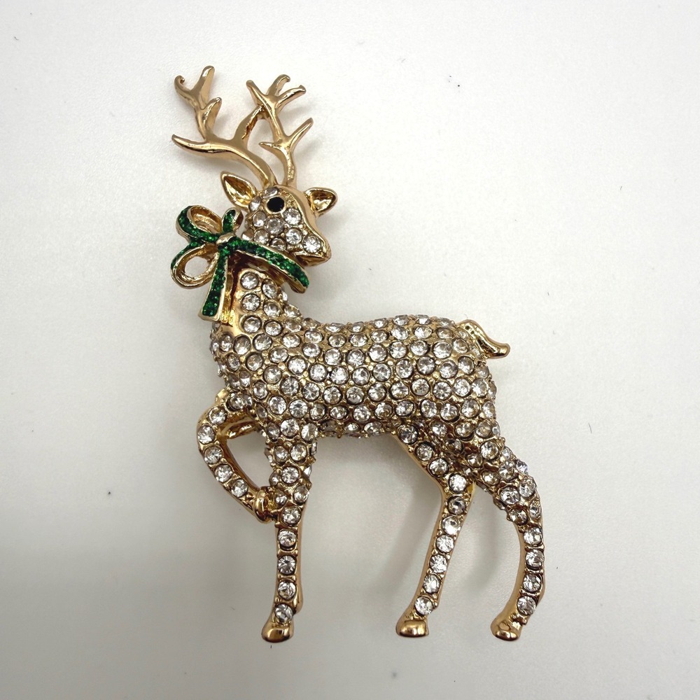 Napier Reindeer Brooch Rhinestone Gold Tone Holiday Pin Cocktail